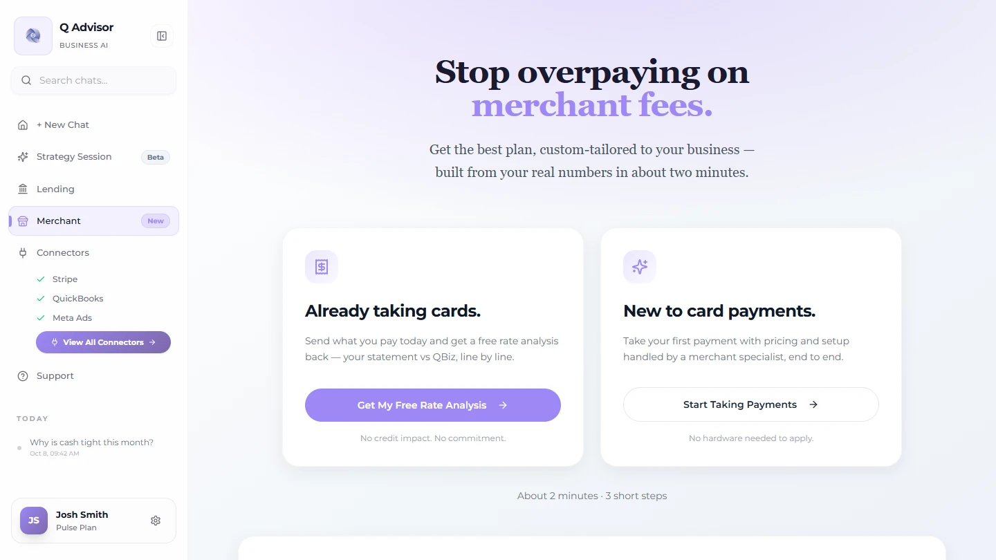 The Merchant hub in the QBiz app: Stop overpaying on merchant fees, with two paths, a free rate analysis for businesses already taking cards and setup for businesses new to card payments