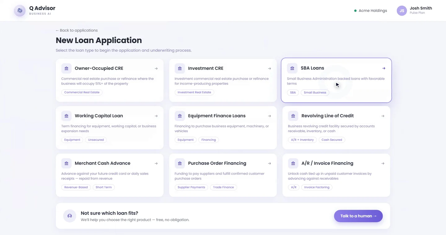 The New Loan Application screen listing nine loan products