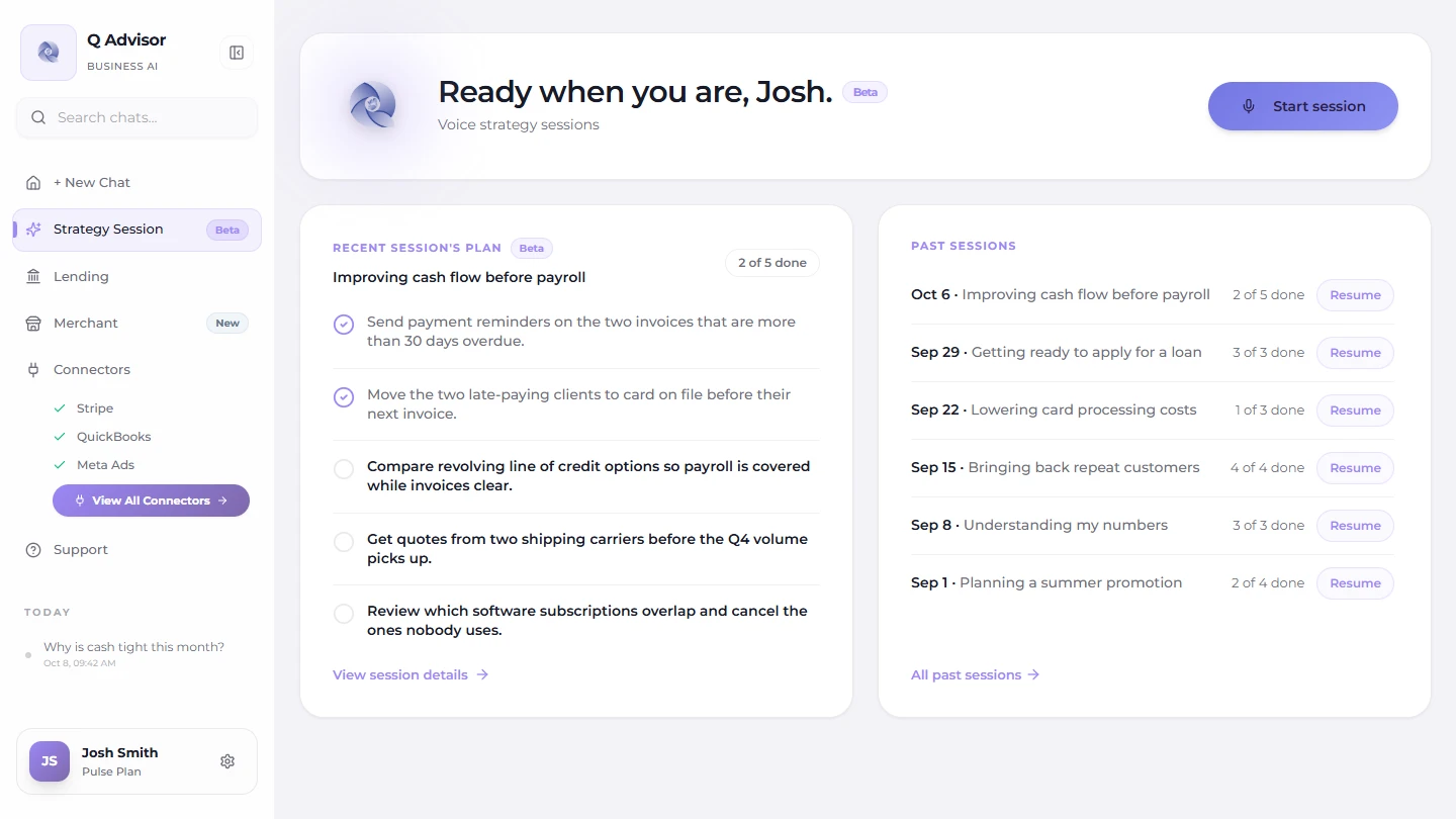 The Strategy Session tab in the QBiz app: Ready when you are, with a Start session button, the recent session's plan with two of five action items checked off, and past sessions with Resume buttons