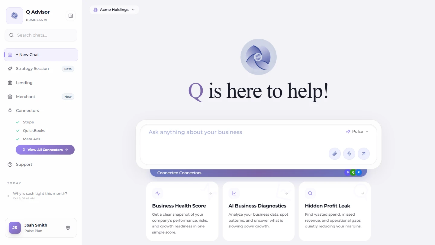 The QBiz advisor chat: Q is here to help, a question box that reads Ask anything about your business with the Pulse AI level selected, three connected tools, and quick actions for a business health score, AI business diagnostics, and finding hidden profit leaks